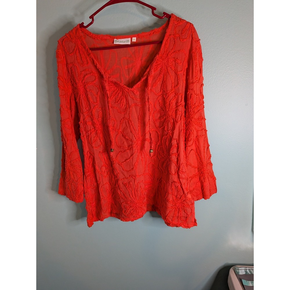 Lulu-B Coral Orange Floral Embroidered Cotton Tunic Top Boho V-Neck Medium
